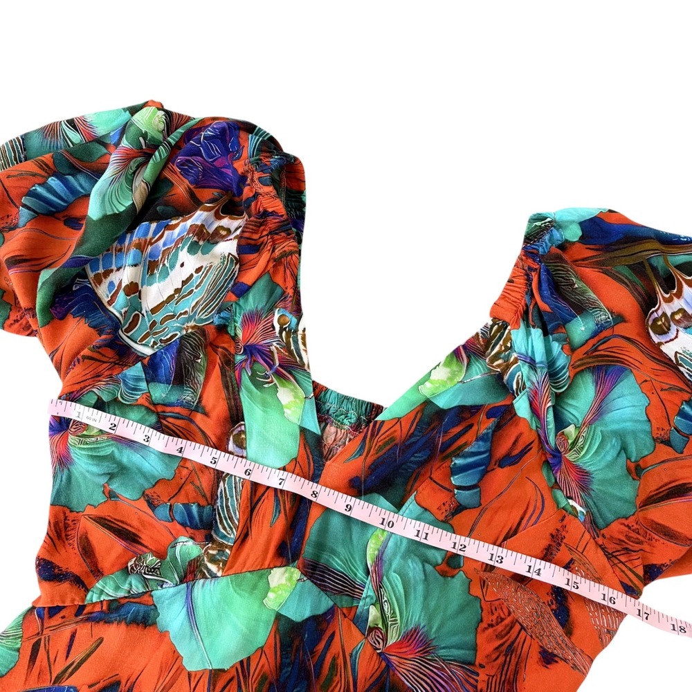 Vintage Boho Tropical Floral Butterfly Midi Dress M V-Neck Smock Made in Brazil - Picture 6 of 8